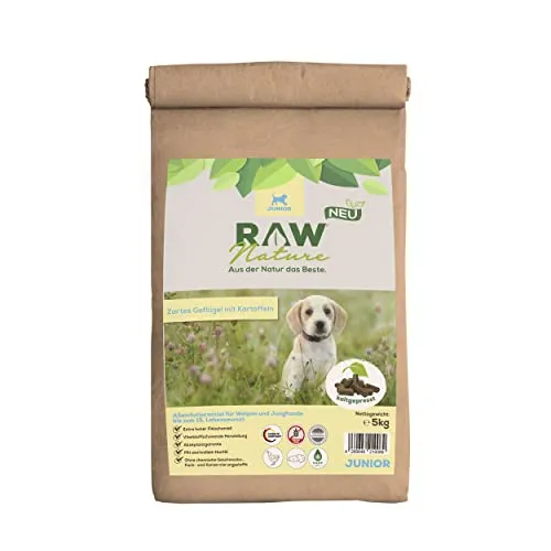 RAW Nature Trockenfutter JUNIOR mit Huhn 5kg, kaltgepresstes Hundefutter, Getreidefrei, 100% Muskelfleisch, hoher Fleischanteil, ohne künstliche Zusätze, für alle Rassen und Sensible Hunde geeignet