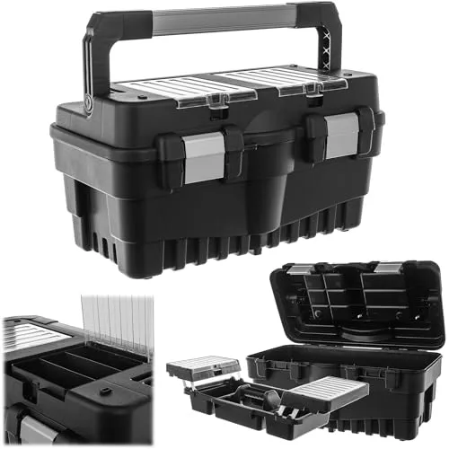 KADAX Werkzeugbox, 45 x 25 x 24 cm, Werkzeugkasten mit Tragegriff und Verschlüssen, Werkzeugkoffer zur Aufbewahrung von Werkzeugen (Schwarz/Grau)