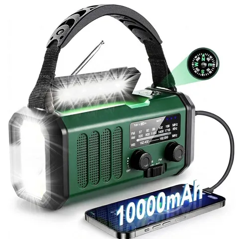 Tekoo Kurbelradio 10000mAh – Multifunktionales Notfallradio mit Powerbank und LED Licht - Bereit für jede Situation! Dieses kompakte Kurbelradio mit 10000mAh Akku bietet nicht nur Radiounterhaltung, sondern auch USB-Stromversorgung und eine starke Taschenlampe. Ideal für Outdoor-Abenteuer und Notfälle.