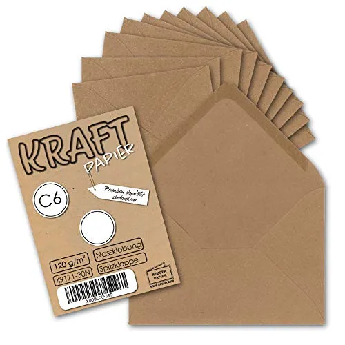 75x Kraftpapier Umschläge DIN C6 Braun - 11,4 x 16,2 cm ohne Fenster - Vintage Briefumschläge mit Nassklebung Spitzklappe - NEUSER PAPIER