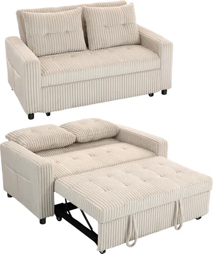 HOMCOM Schlafsofa 2-Sitzer mit Schlaffunktion, Cremeweiß - Vielseitiges 2-Sitzer Sofa mit ausziehbarer Funktion für kleine Räume. Verstellbare Rückenlehne für optimalen Komfort und praktische Seitentaschen für Fernbedienungen und Snacks.