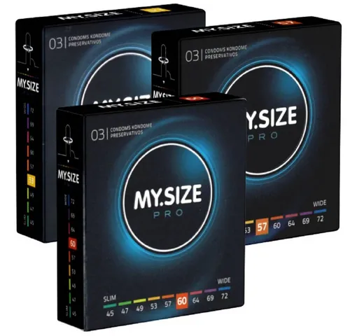MY.SIZE XXL-Kondome PRO «Probierset L» (53mm, 57mm, 60mm) 3 Packungen mit je 3 Maßkondomen, insgesamt, 9 St., Kondome zum Anprobieren und Austesten, die neue Generation MY.SIZE Kondome