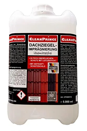 CleanPrince 5 Liter Dachziegelimprägnierung - Dachbeschichtungen & -farben, lösemittelfrei mit Hi-Tech Oberflächenschutz und Lotuseffekt für optimalen Ziegel-Schutz und lange Haltbarkeit.