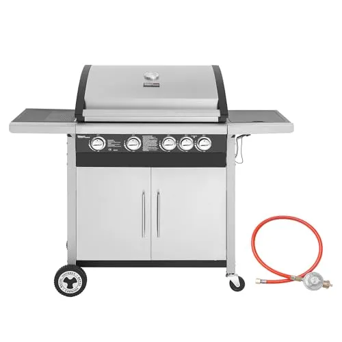 Royal Gourmet 4+1 Brenner Gasgrill - Edelstahl Grillwagen mit Unterschrank - Grills: 4 Edelstahlbrenner mit 14,5 kW für schnelle Wärme, großzügige Grillfläche für bis zu 21 Burger und praktischer Seitenbrenner für Beilagen.
