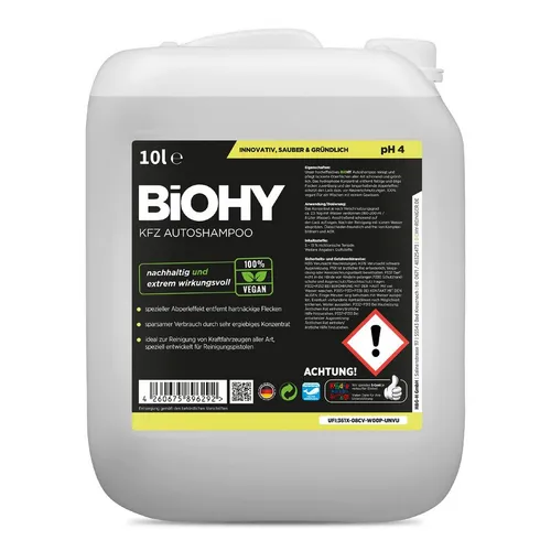 BIOHY KFZ Autoshampoo 10L Kanister | Biologischer Autoreiniger für strahlenden Glanz - Kfz-Reinigungsmittel mit biologisch abbaubarem Konzentrat, entfernt zuverlässig Schmutz und schützt den Lack vor Neuverschmutzungen.