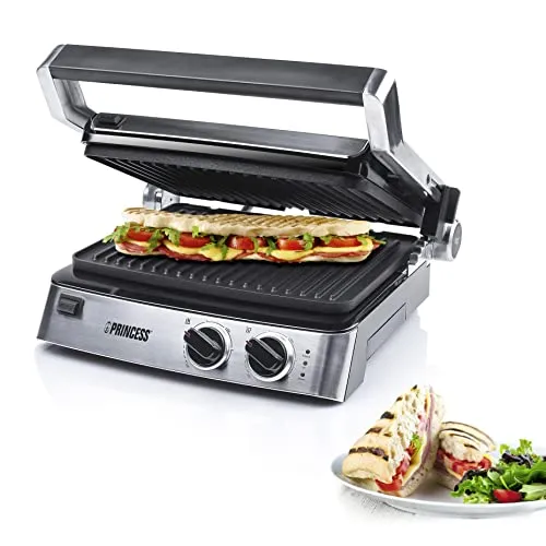Princess 117300 Kontaktgrill - 2000W - Abnehmbare Platten & Separat regelbare Thermostate - Grill - Multifunktionaler Kontaktgrill mit 2000W Leistung, abnehmbaren Platten und zwei einstellbaren Thermostaten für perfekte Ergebnisse bei Fleisch und Gemüse.