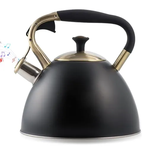 Wasserkessel Induktion 3L, Flötenkessel Edelstahl, Teekessel mit Automatischer Pfiff, Wasserkocher für Tee Kaffee, Pfeifkessel Retro Flötenkessel Wasserkessel für Elektroherd und Gasherd, Schwarz