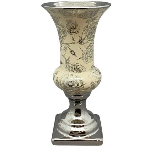 Exner GmbH Garten- & Wohnaccessoires Dekovase Vase Pokal Silber Beige Rosenmotiv Barockstil Antik Keramik 30 cm (1 St), Auf Sockel