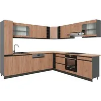 Vicco Winkelküche R-Line J-Shape, Goldkraft Eiche/Anthrazit, 257 x 277 cm - Küchenzeile mit funktionellem Design und 17 Modulen für individuelle Gestaltung, ideal für Ordnung und Übersichtlichkeit.