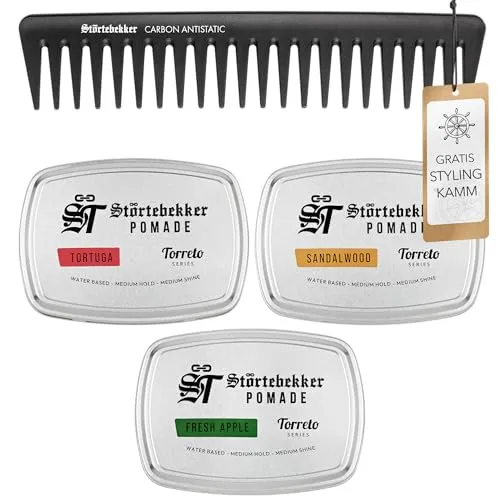 Störtebekker® Premium Pomade Wasserbasiert Probierset + GRATIS Styling Kamm - 3 x Pomade Herren 'Torreto Series' - Mittlerer Halt - Mittlerer Glanz - Haarpomade 125ml - Made in Germany