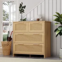 Merax Kommode mit Rattandekor - Kommode im modernen Naturdesign mit 4 Schubladen für optimale Aufbewahrung. Ideal für Schlafzimmer, Wohnzimmer oder Flur und einfach zu montieren.