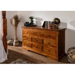 Massivmoebel24 Kommode OXFORD aus Akazie - Schubladenkommode aus massivem Akazienholz, honig lackiert, vereint klassische Eleganz mit praktischer Funktionalität durch vielseitige Schubladeneinteilung.