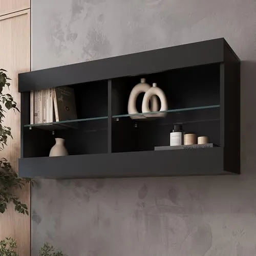 Komodee, Hängende Vitrine Schrank Tivoli Horizontal, Schwarz/Schwarz, Breite 100cm x Höhe 50cm x Tiefe 29cm, 2 Regalböden, für Wohnzimmer, Schlafzimmer, Eingang