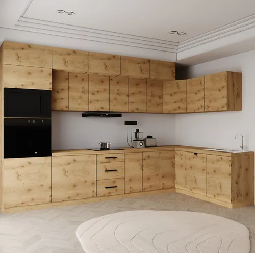 Winkelküche Eiche Artisan L-Form 360x200 cm - Moderne Winkelküche in eleganter Artisan Eiche, optimal für kleine Räume. Mit durchdachten Schränken und Schubladen für komfortable Aufbewahrung und effiziente Nutzung des Platzes.