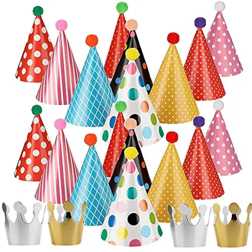 Ohaoduo Partyhüte Geburtstag Kindergeburtstag Set, 22 Stück Partyhüte Set Partyhütchen Geburtstag Kegel Hüte Happy Birthday Partyhütchen und Krone Hut für Kinder Festival Baby Shower