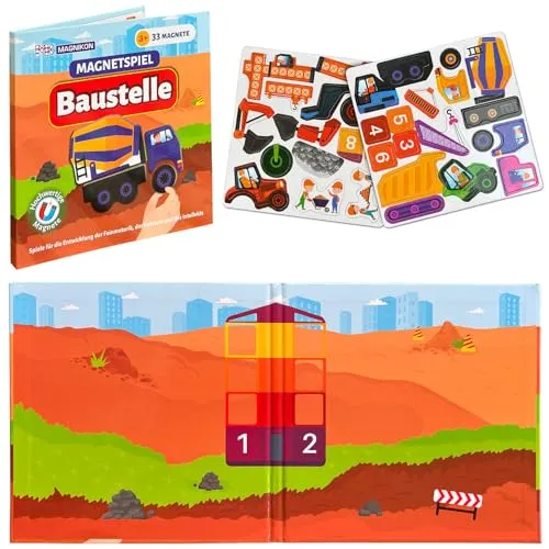 Produktbild MAGNIKON Magnetspiel Baustelle mit 33 Magnete, Motorikspielzeug für die Beschäftigung bei der Autofahrt, Magnetbuch ab 3 Jahre, Spiel für Unterwegs mit verschiedenen Magnetpuzzlen