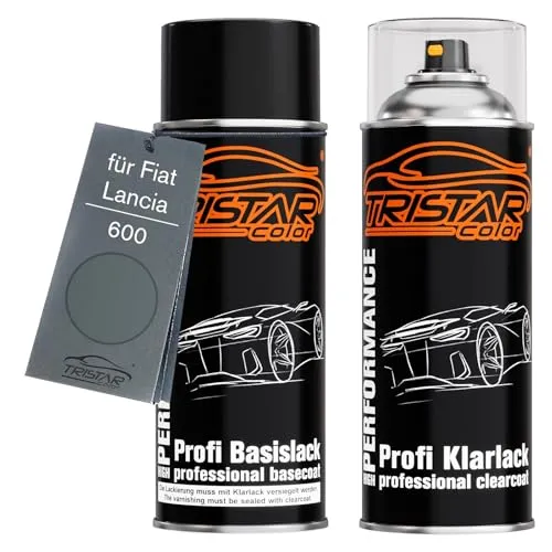 TRISTARcolor Autolack Spraydosen Set für Fiat/Lancia 600 Grigio Botticelli Metallic/Grigio Patrizia Metallic Basislack Klarlack Sprühdose 400ml