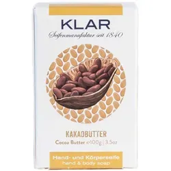 KLAR Kakaobutter Seife 100 g - Feste Seife für geschmeidig weiche Haut, mit reichhaltiger Kakaobutter gegen Trockenheit und Rissigkeit. Ideal für die tägliche Hand- und Körperpflege.