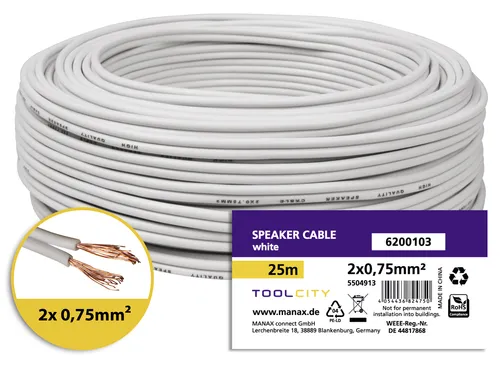toolcity Lautsprecherkabel (Zwillingslitze) 2x0,75mm² Boxenkabel 25 m Weiß