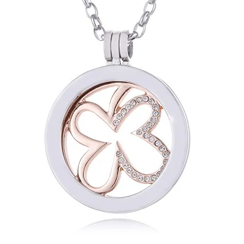 Morella Damen Halskette 70 cm Edelstahl mit Amulett und Coin 33 mm Kleeblatt modern Rosegold in Schmuckbeutel