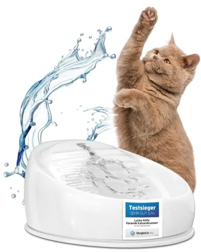 Lucky-Kitty Keramik Trinkbrunnen - 1,5 Liter für Katzen, kleine Hunde und Frettchen, weiß