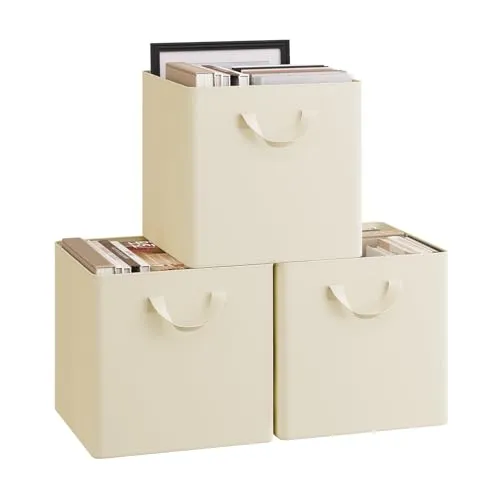 WOLTU Faltbare Aufbewahrungsboxen 3 Stück, Stoffboxen mit Griffen und Metallrahmen, Aufbewahrungswürfel für Wohnzimmer, Schlafzimmer, Arbeitszimmer, Mehrzweck, Creme, 32,5x32,5x31cm