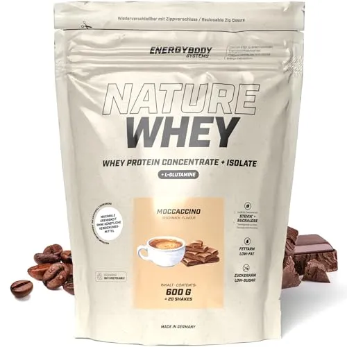 Energybody Nature Whey Protein Isolate & Concentrate 600g - Moccaccino - Proteinshake mit hochwertigem Whey Isolat und Konzentraten, zucker- und fettarm, für abwechslungsreiche Ernährung. Hergestellt in Deutschland, ideal für Fitness-Enthusiasten.