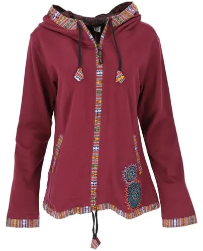 GURU SHOP Nepal Ethno Jacke, Bestickte Boho Jacke - Bordeauxrot, Damen, Baumwolle, Size:S