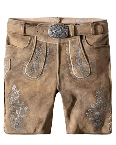 Stockerpoint Herren Girgl Trachtenlederhose, senf gespeckt grau, 56 - Trachtenlederhose aus hochwertigem Ziegenvelour, inklusive echtem Ledergürtel – ideal für traditionelle Anlässe und festliche Events.