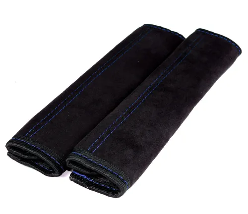 2x Gurtschoner weich samt Schwarz Naht Blau Gurtpolster Schoner Sicherheitsgurt