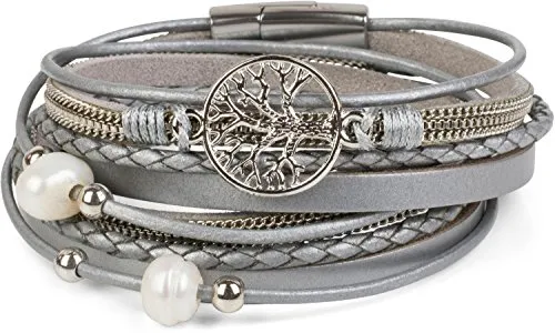 styleBREAKER Wickelarmband mit Perlen, Ketten, Flechtelement und Lebensbaum Anhänger, Magnetverschluss, Armband, Damen 05040070, Farbe:Hellgrau-Silber