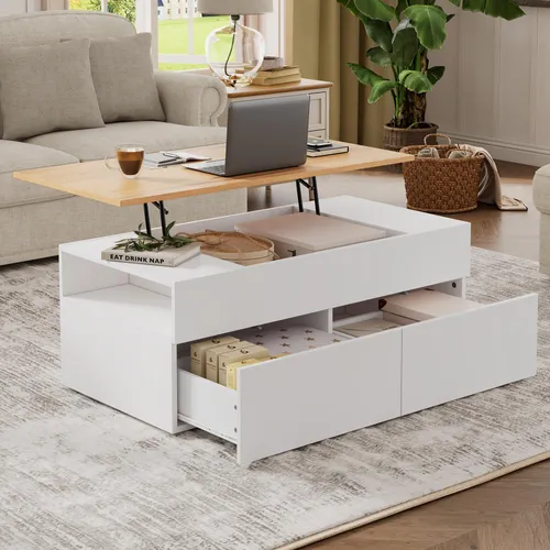 MODFU Couchtische Weiß Wohnzimmertisch Höhenverstellbarer mit Halboffene Stauraum,Beistelltisch holz Sofatisch mit 2 schubladen,Spanplatte