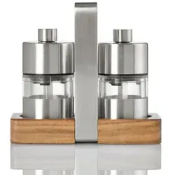 AdHoc ME03 Set kleine Pfeffer- und Salzmühle MENAGE MINIMILL - Küchenhelfer Set mit 2 Mühlen und hochwertigem Ständer, stufenloses Mahlwerk für feinen bis groben Geschmack, ideal für die moderne Küche.
