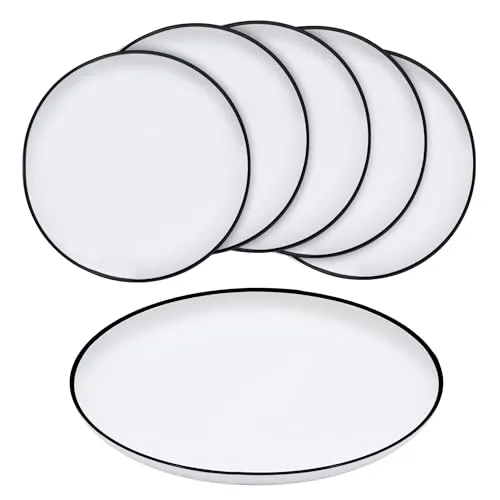 Melamin Teller 6er Set - Bruchsichere Camping Speiseteller - 6er Set große Melamin Teller (Ø 25 cm) in Weiß mit schwarzem Rand, ideal für Camping und Picknick. Spülmaschinenfest und bruchsicher – perfekt für unterwegs!