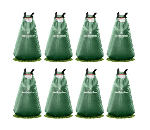 Veddelholzer Bewässerungssystem 8x75l Baumbewässerungssack Reißverschluss kombinierbar Diebstahlschutz, (Miteinander Kombinierbar durch Reißverschluss, 8 mal 75 Liter), Robust und wetterbeständig für Bäume, Jungbäume und Sträucher.