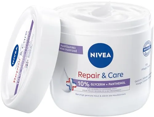 NIVEA Repair & Care Parfümfrei Creme, feuchtigkeitsspendende & nicht fettende Körpercreme, schnell einziehende Lotion mit Panthenol & Glycerin, für sensible & juckende Haut (400 ml)