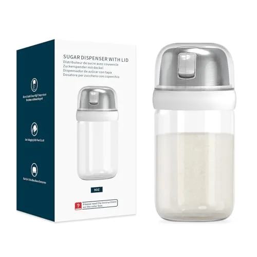KITCHENDAO Zuckerstreuer aus Glas mit seitlichem Ausgießer, eingebauter Deckel zur Verlangsamung der Feuchtigkeit mit Abriebspuren, eleganter Zuckerstreuer aus Borosilikatglas, BPA-frei, 9oz (weiß)