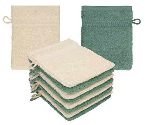 Betz 10 Stück Waschhandschuhe Premium 100% Baumwolle Waschlappen Set 16x21 cm Farbe Sand - tannengrün