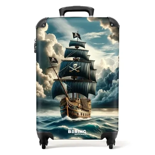 NoBoringSuitcases.com Kinderkoffer - Piratenschiff Grau, 55x40x20 cm - Kindergepäck: Leichter Handgepäck Koffer mit robustem ABS-Material und integriertem Zahlenschloss für sichere Reisen.
