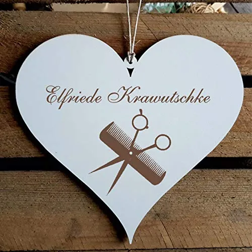 Schild Herz « Friseur » mit persönlicher Wunschgravur und Motiv Kamm & Schere - Deko Dekoration Türschild Name - Frisör Salon
