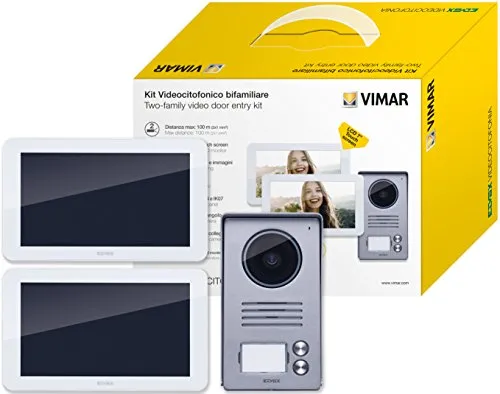 VIMAR K40916 Videosprechenalagen-Set enthält Freisprech-Touchscreen-Videohaustelefon LCD 7in, 2-Taste Klingeltableau mit Regenschutz, Netzgerät mit austauschbaren Steckern EU BS US AU, 2 Familien