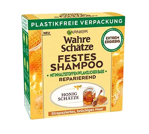 Garnier Festes Shampoo, Reparierendes Honig Schätze-Shampoo mit Bienenwachs - Shampoos, kräftigt und nährt strapaziertes Haar mit Honig und Bienenwachs für intensive Pflege und Glanz.