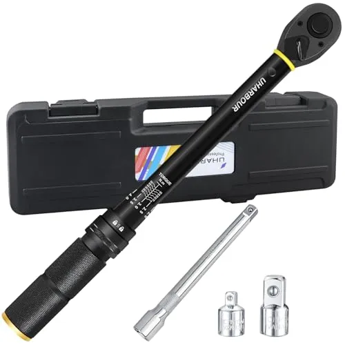 Uharbour Drehmomentschlüssel 3/8, 3/8 Drehmomentschlüssel 5-60 Nm mit Verlängerungsstange und Adaptern, 0,1 Nm Mikroeinstellung, ±3% Fehlergenauigkeit mit 72 Zähnen, geeignet für Fahrrad, Motorrad und