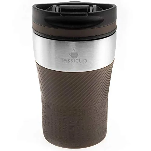 Tassicup Thermobecher Isolierbecher 250ml Isobecher Kaffeebecher Reisebecher Edelstahl, Coffee to go EIS Kaffee Tee, mobiler Cup Trinkbecher Deckel auslaufsicher mit Clip Verschluß – braun