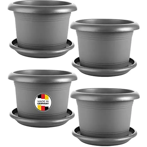 2friends Pflanzkübel mit Untersetzer, Gross Blumentopf 40 cm Durchmesser, 4er Set Blumentöpfe Pflanztöpfe, Blumenkübel Pflanztopf groß außen, Rundtopf Pflanzentopf, Anthrazit, Model: Kle