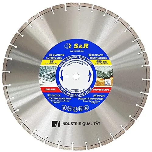 S&R Diamanttrennscheibe 450 x 25,4 mm - Diamant-Trennscheibe in Industrie-Qualität mit doppelter Standzeit, ideal für präzises Schneiden von Naturstein und Kunststein ohne Wasserkühlung.