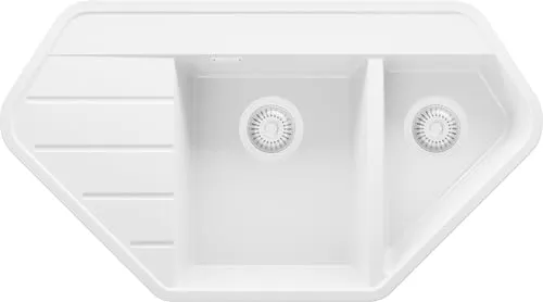 PRIMAGRAN Eckspüle Alles Weiß 90x50cm, Granitspüle 1,5 Becken + Ablauf-Set, Küchenspüle ab 70er Unterschrank - Kopenhagen Corner S008