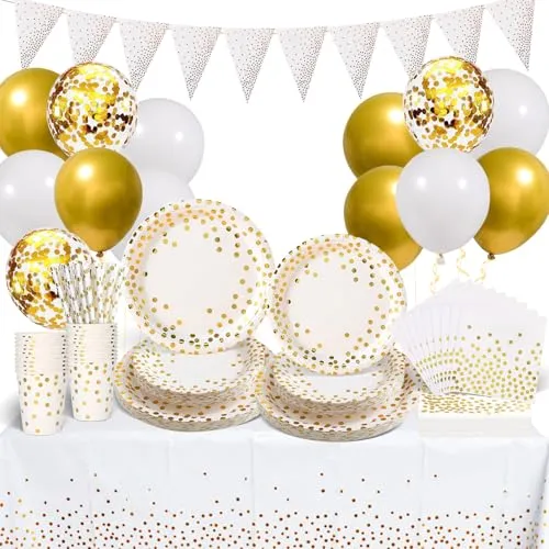 Partygeschirr Set Weiß und Gold, 25 Gäste Pappteller Geschirr mit Ballon, Servietten, Papierbecher, Stroh, Tischdecke für Kindergeburtstag Geburtstag Hochzeit Dekoration, 140 Stück