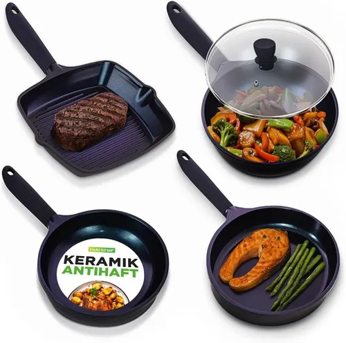Produktbild NutriChef Pfannenset 5-teilig – Grillpfanne, Wokpfanne, Bratpfanne 28 cm, Fischpfanne oval, Glasdeckel Antihaft, induktionsgeeignet