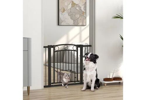 PawHut Türschutzgitter Treppenschutzgitter ohne Bohren - Tür- & Treppengitter mit anpassbarer Breite von 76-104 cm, doppeltem Verriegelungssystem und integrierter Katzentür – ideal für Haustier-Sicherheit.